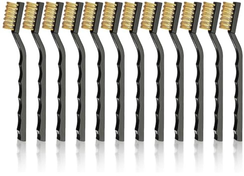 12Pcs Mini Wire Brush Set, Small Brass Wire Brush with Plastic Handles, Multipurpose Kitchen Cleaning Tools for Welding Slag, Metal Work Pieces, Greasy Dirt, Stain and Rust