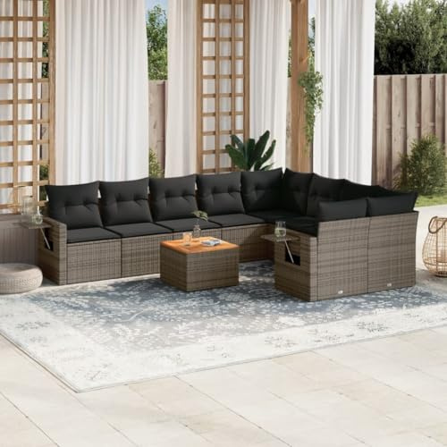 IBUQDDV Set di 10 divani da giardino con cuscino, grigio polyrattan, design modulare, rivestimenti rimovibili, comodo set di divano in rattan sintetico con ripiani pieghevoli e tavolo in legno di