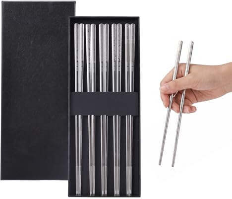 5 Paia Bacchette in Metallo, Bacchette Riutilizzabili in Acciaio Inox, Adatte alla Lavastoviglie e Antiscivolo, per Sushi, Cucina Asiatica, Casa, Ristorante, Campeggio