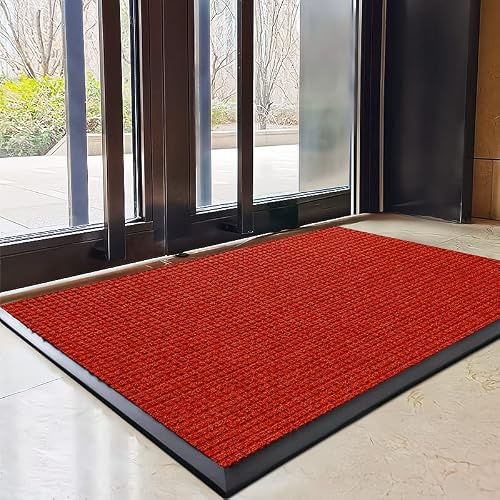 Kraftig inomhus/utomhus entrématta – lågprofilskrapa golvmatta för hemskolor kaféer och företag (60 x 100 cm röd) – hållbar halkfri lätt att rengöra