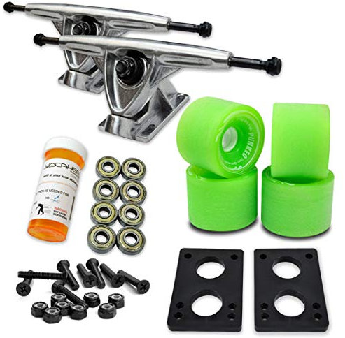 Yocaher Longboard-/Skateboard-Achsen, Kombi-Set, 71 mm Rollen + 180 mm schwere, polierte Achsen, Kugellager, Riser-Pad und Longboard-Hardware-Paket (solides neongrünes Rad und polierte Achsen)