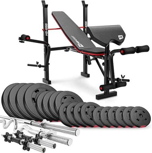 Hop-Sport Hantelbank mit Curlpult, Butterfly, Beincurler & klappbarer Trainingsbank, inkl. 92 kg Hantelset, Super- SZ-Stange, Langhantel, Kurzhanteln – Fitnessbank für Heimtraining
