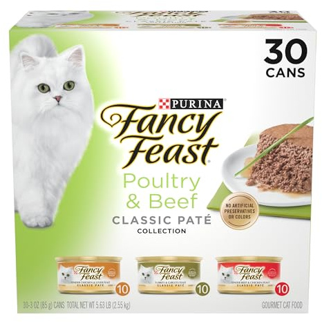 Fancy Feast Poultry and Beef Feast Classic Pate Collection Grain Free Wet Cat Food Variety Pack - (Pack of 30) 3 oz. Cans