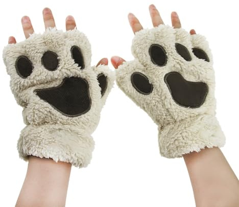 YJZQ Damen Fingerlos Handschuhe Winter Katze Claw Bear Pfote Plüsch Fäustlinge Niedliche Cartoon Halbfinger Handschuhe Warme Fausthandschuh Outdoor Dicke Handwärmer