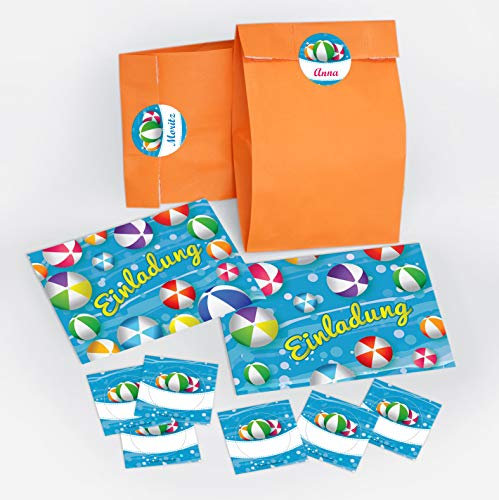 12 Einladungskarten zum Kindergeburtstag Schwimmbad Party Wasserbälle für Mädchen und Jungen / Pool Party / bunte Einladungen zum Geburtstag inkl. 12 Umschläge, 12 Party-Tüten / orange, 12 Aufkleber