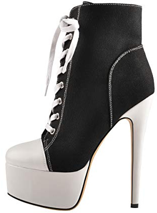 Only maker Damen Plateau Stiefeletten Fashion Sneakers Ankle Boots Schnürstiefeletten aus Canvas Stiletto Absatz Schwarz 44 EU