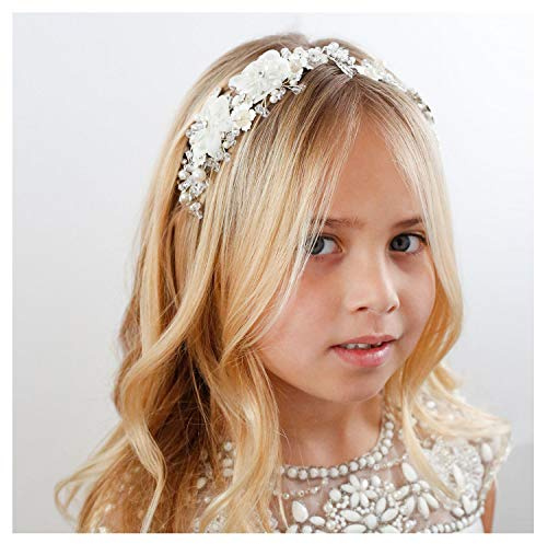 SWEETV Flower Girl Headpiece Ivory Tulle Flowers Wedding Headband for Girls, Princess Pearl Hair Accessories for Birthday Party, First Communion