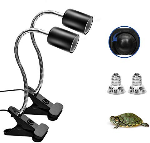 Techsea 2 Pack Reptile Heat Lamps with 360° Rotatable Clips, UVA + UVB Spectrum for Terrariums, 2 Light Bulbs Inside (Black-2 Pack)