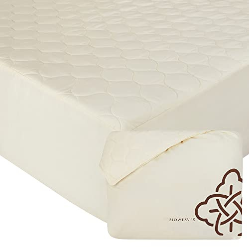 Bioweaves 100% Organic Cotton Mattress Pad Cover, GOTS Certified Cooling Quilted Fitted Mattress Topper & Protector with Soft Cotton Wadding - 20 Inch Deep Pocket, Queen