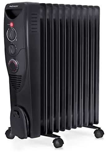Pro Breeze Radiatore ad Olio 2500W, 11 Elementi - Riscaldatore Elettrico Portatile - Timer Incorporato, 3 Livelli di Calore, Termostato e Spegnimento Automatico di Sicurezza - Nero