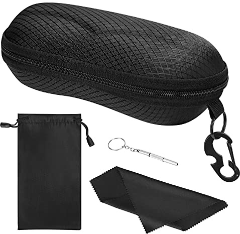 MoKo Étui à Lunettes Semi-Rigide, Boîte à Lunettes de Soleil en EVA avec Crochet en Métal, Étui de Protection pour Lunettes à Fermeture Éclair avec Chiffon en Microfibre pour Homme Femme - Noir