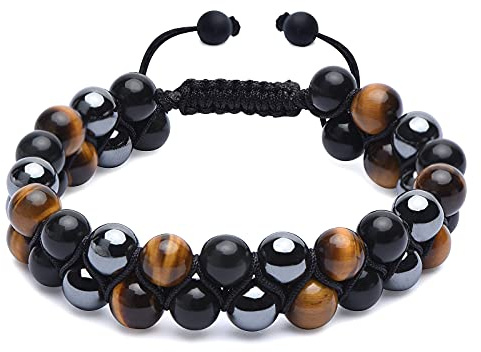 HASKARE Triple Protection Bracelet for Men - Genuine Tigers Eye Black Obsidian Hematite 8mm Natural Stone Beads Stretchy Healing Crystal Jewelry, Anxiety Relief Energy, Ideal for Dad Husband Christmas Birthday