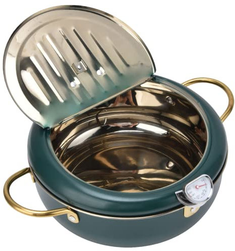 Deep Fryer Pot, with Thermometer,Lid and Oil Drip Drainer Rack, Japanese Tempura Fryer Pan Uncoated Fryer for Tempura Chips, Fries, Fish, and Chicken(Dark Green, 304 Stainless Steel #24cm)