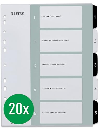 Leitz Register für A4, 20er Pack, PC-beschriftbares Deckblatt und 5 Trennblätter, Taben mit Zahlenaufdruck 1-5, Überbreite, Weiß/Schwarz, Polypropylen, WOW, 12130000