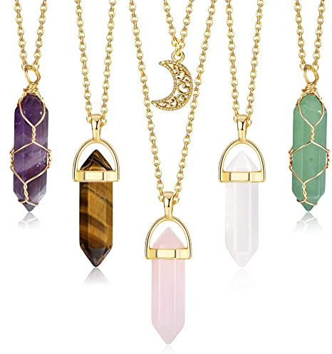 JeryWe 5pcs Crystal Pendant Necklace Spiritual Natural Healing Stone Amethyst Rose Quartz Gemstone Necklace Crystal Jewelry for Women (Gold)