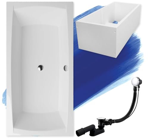 BADLAND Badewanne Original Weiß Acryl Wanne Rechteck APRI 140x70 KOMPLETTSET SET mit Premium Wannenträger + Füßen und Exklusive Chrom Automatik Ablaufgarnitur Made in EU 4in1