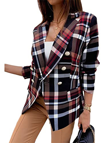 Soulolo Damen Winter Blazer Damen Jacke Büro Damen Elegant Langarm Blazer Karierter Blazer Mantel Casual mit Tasche Kurzblazer Business Anzüge Mantel Geschäft Outwear