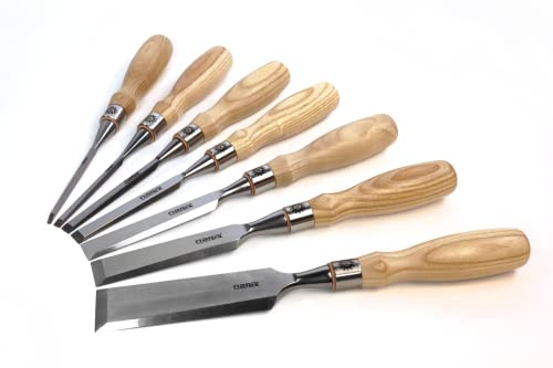 Narex 853670 7 Piece Set of Richter Extra Bevel Edge Chisel (1/8, 1/4, 3/8, 1/2, 3/4, 1 and 1-1/2 inch) Cryogenic Treated Cr-V Steel Hardened to HRc 62 Ergonomic Ash Handles Stainless Steel Ferrules