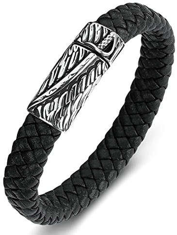 Dsnyu Lederarmbänder für Herren, Schwarz Lederarmband Pärchen mit Magnet Verschluss, 16.5CM Schwert Partnerarmband Geflochten für Geburtstag
