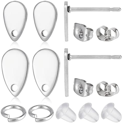 CREATCABIN 100 Stück Tropfen Ohrstecker Zubehör 2 Größen Edelstahl Ohrstecker Ohrstecker Ohrring Schlaufe Mit 100 Stück Biegeringen & Kunststoffmuttern Für DIY Ohrring Schmuckherstellung 8x5mm/10x6mm