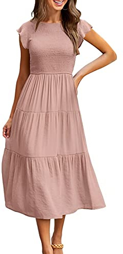 Yuson Girl Robe Longue Femme Ete Robe de Plage Boheme Casual Robe Maxi de Cocktail élégante Robe à Col Rond et à Manches Volantées élastique Taille Haute (Rose, L)