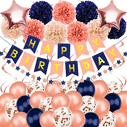 Recosis Rosegold Marineblau Geburtstagsdeko, Happy Birthday Banner mit Pompoms Papier Girlande und Luftballon Kindergeburtstag für Mädchen Junge Mann Frauen Geburtstags Dekorationen