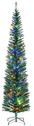 HOMCOM 7.5ft Pre Lit Artificial Christmas Tree w/ 200 Colourful LED Lights | Holiday Décor, 529 Tips, Pencil Shape, Steel Base
