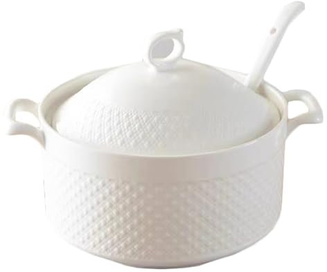 Keramische Suppenterrine mit Suppe, Schöpfkelle Suppenschüssel mit Deckel, Porzellan Suppentopf für Restaurant Home Kitchen White Dekoration,Weiß,1800ml