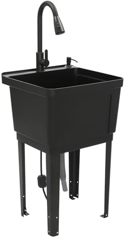 LyeXD Freestanding Plastic Laundry Sink, Commercial Utility Sink Laundry Tub Wash Station w/Pull-out Faucet&Drain Pipe, Floor Mount Slop Sink Outdoor Utility Tub for Laundry Room, Garage (Black)