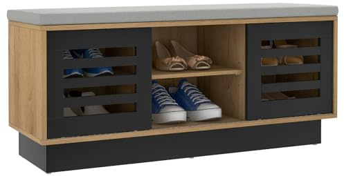 GOPLUS Banco Zapatero de Madera con Cojín (Café) | Mueble Organizador para Entrada con 6 Compartimentos, 2 Puertas Correderas y Estantes Ajustables en 3 Niveles