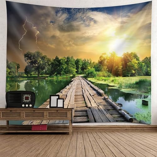 Mesnt Tapisserie Wandbehang, Braune Holzstraße und grüne natürliche Seenlandschaft Wandteppich Wandkunst für Schlafzimmer Wohnzimmer Dorm Decor Wandteppich, 150x150cm