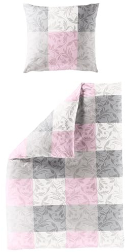 JACK by Bierbaum Seersucker Bettwäsche 2 TLG. 135x200cm Blumen Ornamente Quadrat Grau Rosa Muster