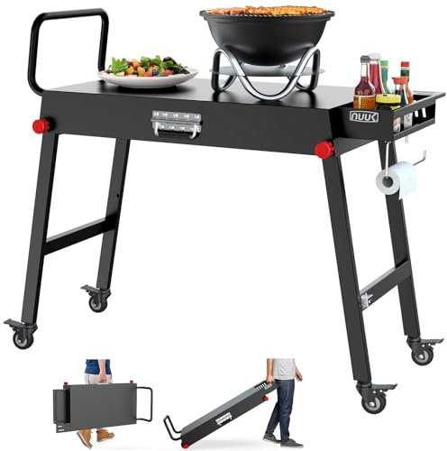 NUUK 31 x 17 Outdoor Folding Grill Table Portable Foldable Grill Cart for Outside Movable BBQ Prep Table with Universal Wheels, Hander, Pull Away or Handle