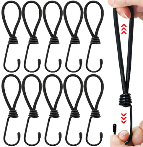 10 Pcs Bungee Cord Set With Hooks and Carabiner Clips - 7 Inch for Tarpaulin, Luggage, Camping, Bikes, Banners
