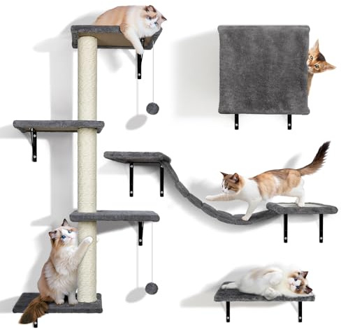 Zvonema 4-in-1 Wandregal für Katzen, Wand-Kratzbaum mit Kletterwand, Hängebrücke, Plattform & Versteck, Wandmontage, grau, Sisal & Plüsch, für Katzen & Kätzchen