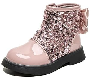 Bottes à paillettes pour filles Bottes en cuir fashion avec nœud Bottes courtes d'hiver pour enfants avec fermeture éclair, rose, 31 EU