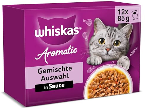 WHISKAS Aromatic Nassfutter in Sauce für Katzen 12 x 85g Gemischte Auswahl (4 Packungen) 48 Portionsbeutel