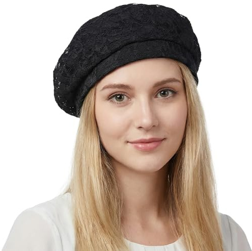 HIQIU Andningsbar spets basker keps för kvinnor, fransk stil basker, kvinnor konstnärsmössa hatt målarbössa för vår-höst, svart, one size