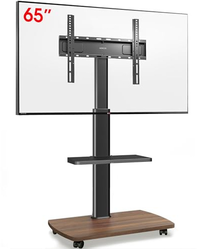 AOKCOS TV-stativ rullbar med träbas, TV-stativ på hjul för 32-65 tums TV-apparater, TV-golvstativ justerbar höjd, upp till 40 kg max. VESA 400 x 400 mm