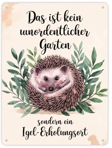 Igel-Erholungsort Metallschild XL in 21x28 cm mit Blättern Lustige Gartendeko für Naturliebhaber mit Igelmotiv