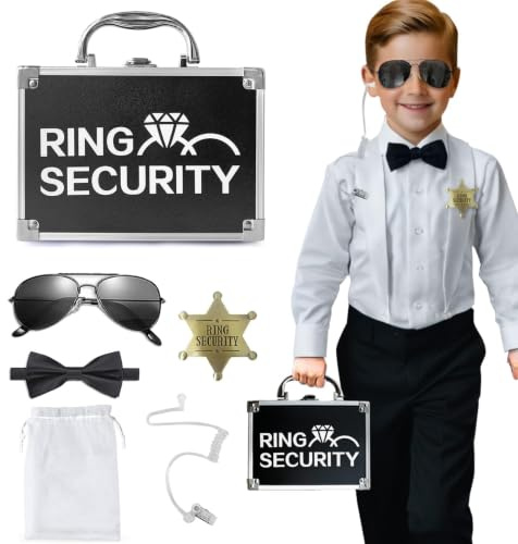 COSLANLEE Ring Security Wedding Ring Bearer Gifts Set, Kids Briefcase with Holder Pad for 2 Rings includes Sunglasses, Earpiece, Bowtie, Bagde for Proposal Ceremony Party