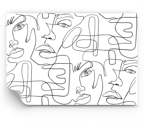 Fotomural 200x140 cm Papel Pintado Abstracto Blanco y Negro - 5954 - WF1 | Caras Línea Ojos Standard Papel pintado de papel no tejido Decoración de Pared Mural de Pared Salón Dormitorio Moderno ARTTOR