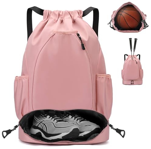 LUKlUP 1 Stück Mode Sport Rucksäcke, Wasserdichte Sporttasche, Große Kapazität Kordelzug Sporttasche, Geeignet für Basketball, Fußball, Schwimmen, Wandern,Tennis und Badminton(Hellrosa)