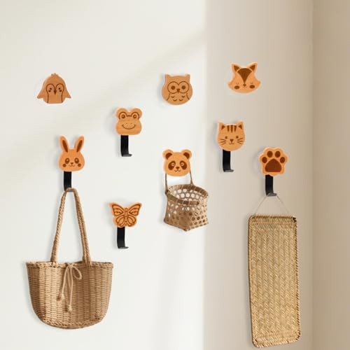 Mulaibdin 9 Stk Kleiderhaken Kinder, Garderobenhaken Kinderzimmer Holz, Wandhaken Selbstklebend Kinder, Tier Kindergarderobe Haken zum Bohren, Klebehaken Garderobe für Bad,Mütze,Tasche(A)