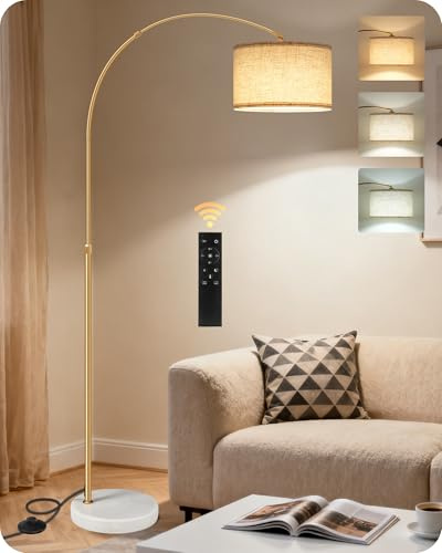 GOEBLESON Lampadaire de salon arc, lampe arquée réglable en hauteur de 158 à 188 cm, lampadaire à intensité variable avec télécommande, avec ampoule LED, beige noir, pour chambre à coucher