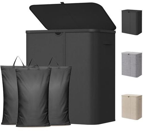 Lifewit 3 Fächer Wäschekorb mit Deckel, 165L Wäschesammler mit Kunststoffrahmen, faltbarer großer Wäschesortierer, Wäschebox Laundry Baskets für Schlafzimmer, Bad, Schwarz | Großer faltbarer Wäschesortierer mit 3 herausnehmbaren Wäschesäcken und Tragegriffen für Schlafzimmer, Bad und Waschküche
