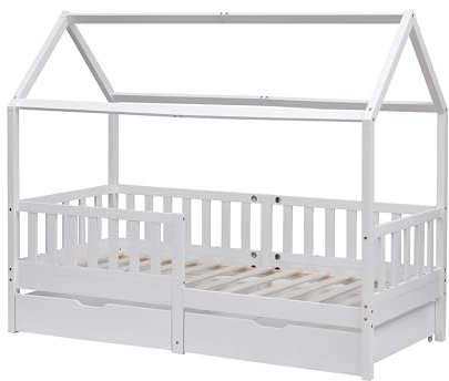 Kingwudo® Pine Wood Kids Bed Frame with 2 Drawers Storage Single Bed Frame House Scandinavian Style Bed Frame Children Bed for Bedroom Furniture, Boys and Girls Mattress (WITHOUT) 90x190cm (White)