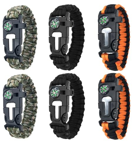 YAOYYG 6 Piezas Pulsera de Supervivencia, Brazalete de Cuerda Resistente al Fuego 5 en 1, Multifuncional Pulsera Paracord, Adecuado para Senderismo, Montañismo y Actividades al Aire Libre