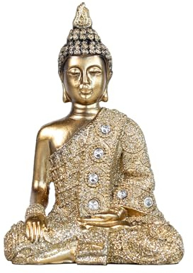 Decorative Buddha Statue, Gold with Crystals, 5.5 inch Height, Modern Art Deco Style, Meditation and Home Decor