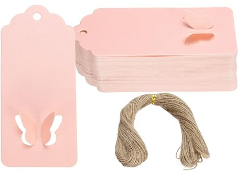 PATIKIL 100Stk Geschenkanhänger Mit Schnur Blanko Papieranhänger Hellrosa | Geschwungene Oberseite, Rechteckiger Hohlraum, Schmetterling, Geschenkverpackung Aufhängeetiketten, Mit Juteschnur